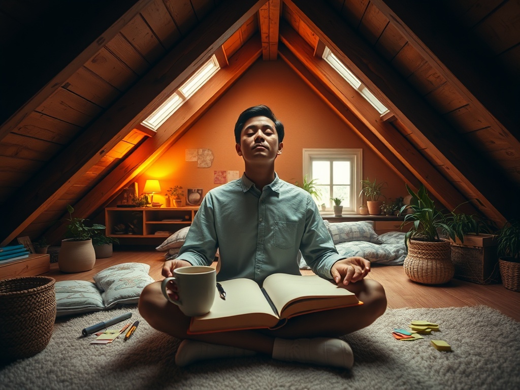 "Cozy attic study" "wooden beams, warm golden light" "open notebook, pen, scattered sticky notes" "calm person practicing breathing, eyes closed" "coffee mug, houseplants, soft rug"