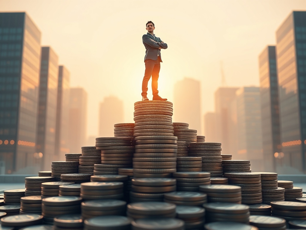 A confident person standing atop stairs made of coins, glowing horizon, warm light, modern urban backdrop, serene determination, minimalist style.