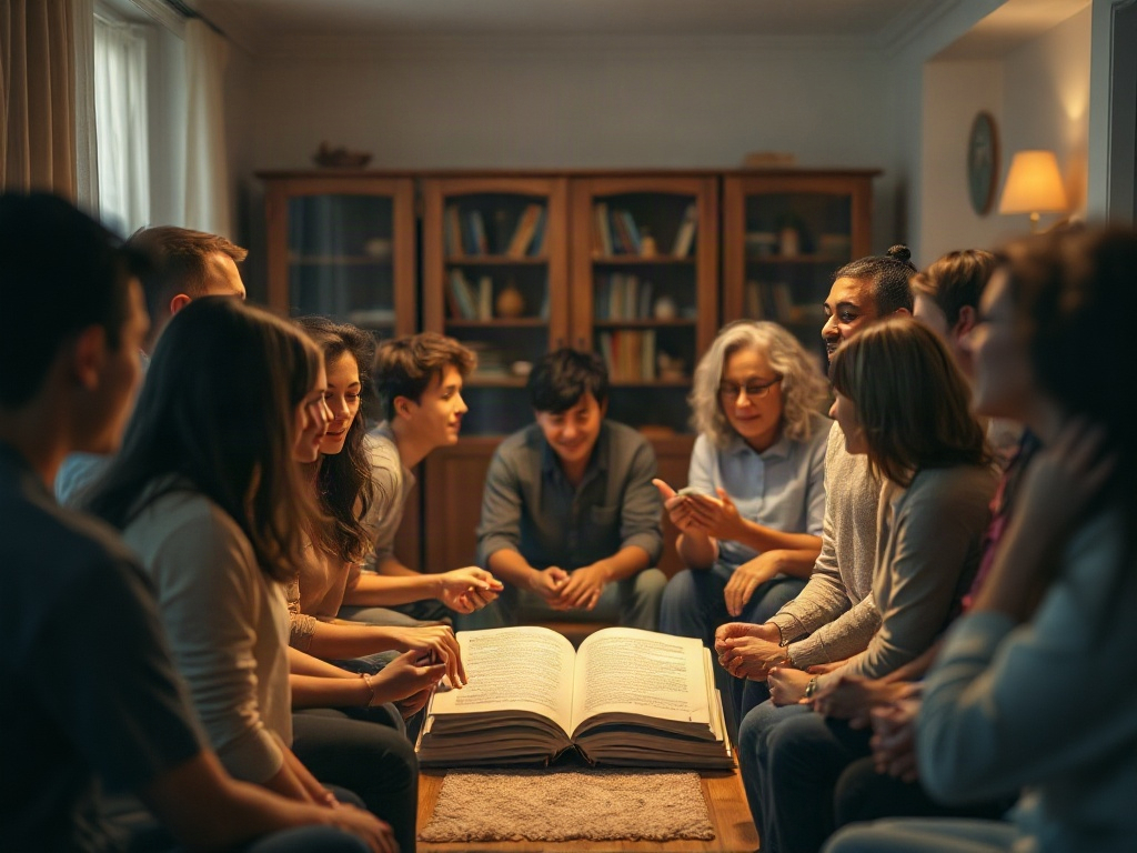 Serene diverse group sharing heartfelt testimonials, warm soft lighting, subtle book-and-path motif, gentle abstract portrait silhouettes, calm home interior atmosphere, high detail, cinematic.