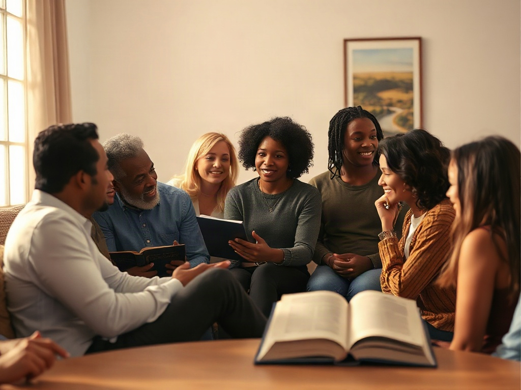 Serene diverse group sharing heartfelt testimonials, warm soft lighting, subtle book-and-path motif, gentle abstract portrait silhouettes, calm home interior atmosphere, high detail, cinematic.