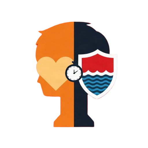 Carefully describe an image of "trust" and "fear" as two contrasting halves of a single simple character silhouette, split vertically; the left side shows a calm glowing heart-symbol in flat warm tones, the right side shows a tense shield-and-waves symbol