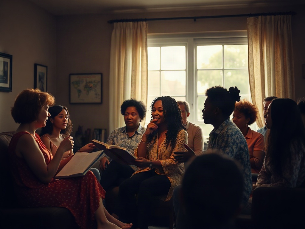 Serene diverse group sharing heartfelt testimonials, warm soft lighting, subtle book-and-path motif, gentle abstract portrait silhouettes, calm home interior atmosphere, high detail, cinematic.