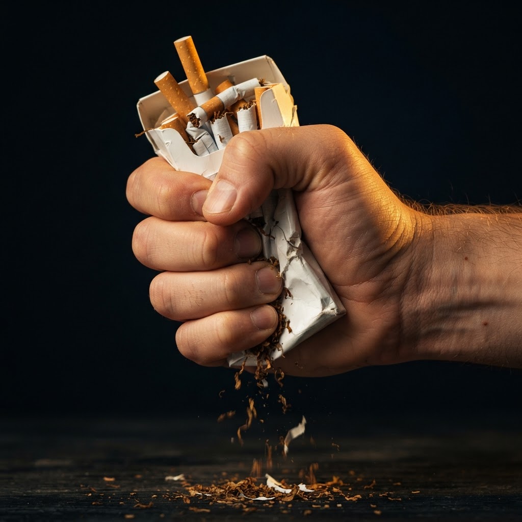 Hand knijpt een pakje sigaretten fijn