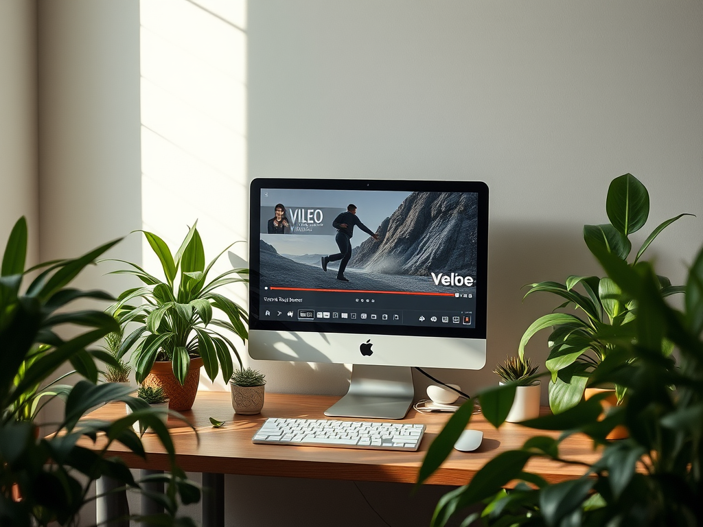 Een rustige werkruimte met een computer en planten.