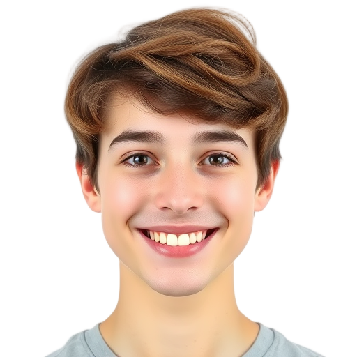 Een persoon met een grote glimlach op een witte achtergrond.