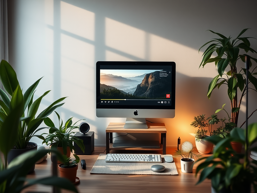 Een rustige werkplek met een computer en planten.