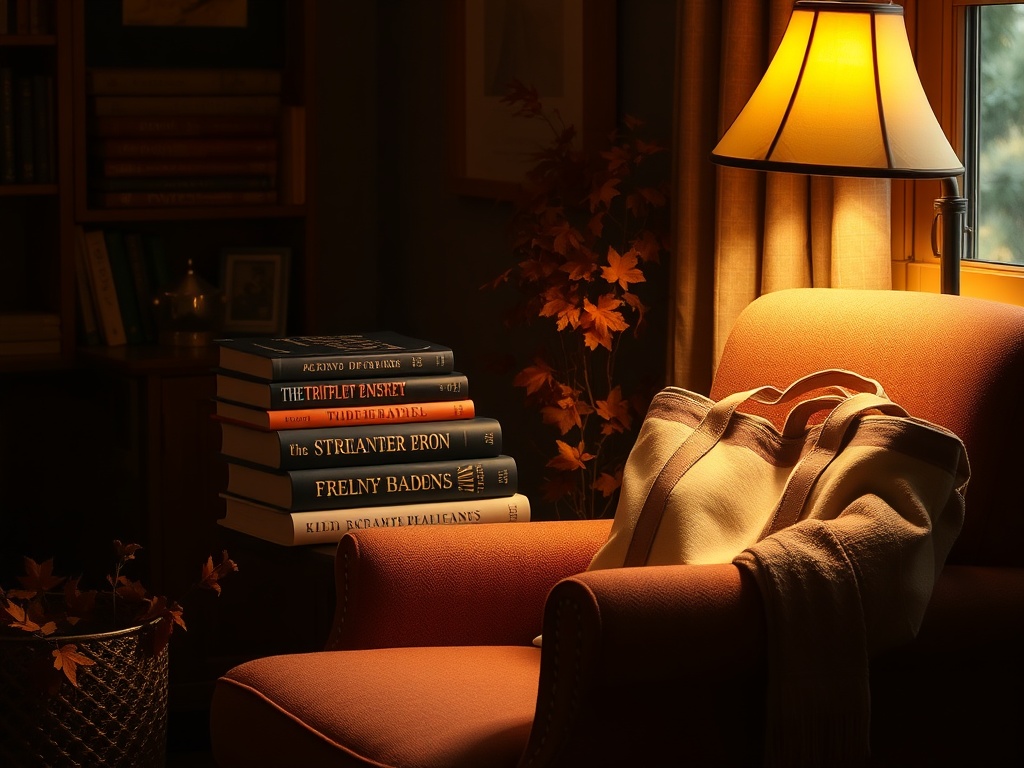"A warm, inviting reading nook with a plush chair, stacked thriller novels, a single autobiographical book, and an elegant canvas tote; soft lamplight, cozy atmosphere, autumn tones."