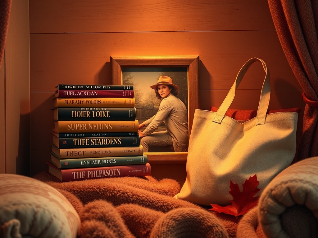 "A warm, inviting reading nook with five suspenseful books stacked, a framed photo, and a stylish canvas tote; soft lighting, cozy cushions, autumn hues."