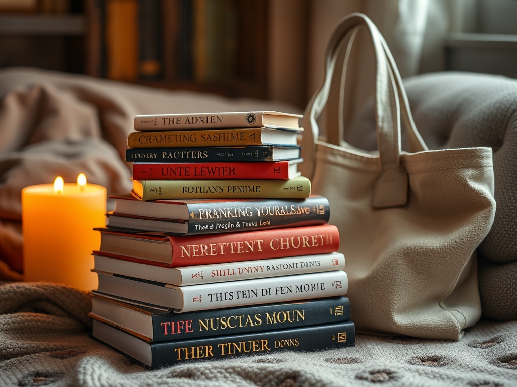 "A cozy reading scene with warm light, a pile of five gripping novels, one intimate memoir, and a stylish canvas tote; soft textures, inviting atmosphere."