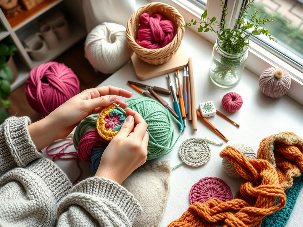 "cozy home setting" "hands crocheting colorful yarn" "various crochet hooks neatly arranged" "small handmade coaster and scarf projects" "soft natural lighting" "calm, inviting atmosphere"