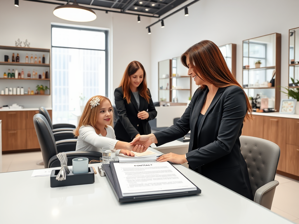 "modern salon interior" "professional nail stylist at work" "clear contract document on table" "handshake between stylist and owner" "bright, clean workspace" "calm, transparent atmosphere"