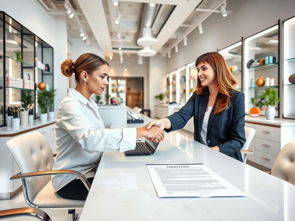 "modern salon interior" "professional nail stylist at work" "clear contract document on table" "handshake between stylist and owner" "bright, clean workspace" "calm, transparent atmosphere"