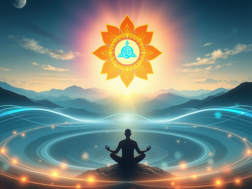 Een meditatieve figuur met chakra-symbolen in een landschap.