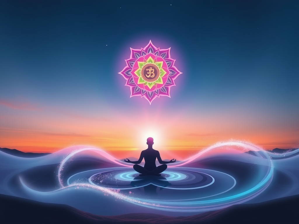 Een mediterende figuur in een serene landschap met chakra-symbolen.