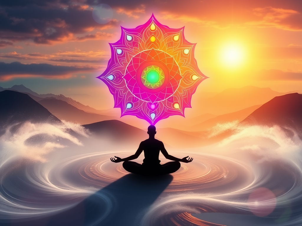 Een mediterende figuur met chakra-symbolen in een serene landschap.