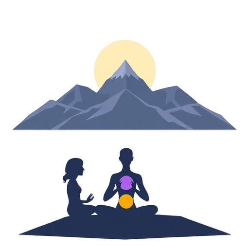 Stilte meditatie met bergen en chakra-symbolen.