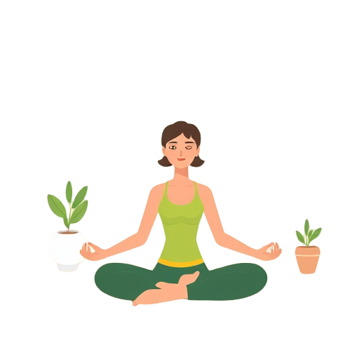 Vrouw in meditatiehouding omringd door planten.