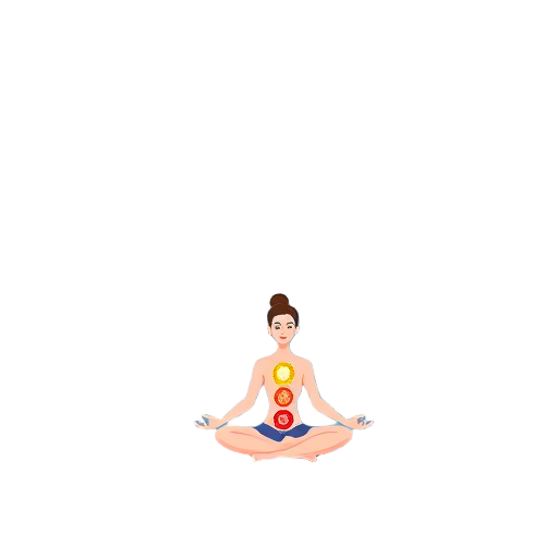 Meditatieve figuur met kleurrijke chakrasymbolen.