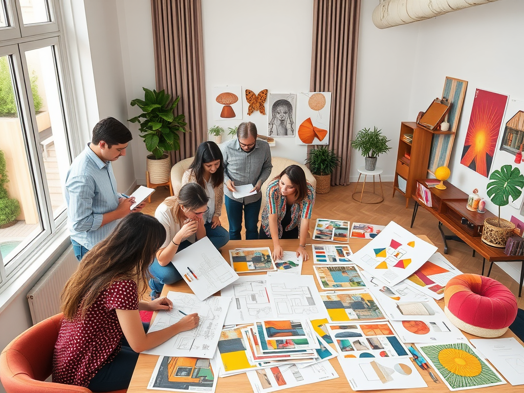 Een workshop met mensen die interieurplannen schetsen.
