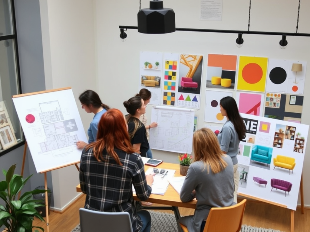 Een workshop voor interieurontwerp met een diverse groep mensen.