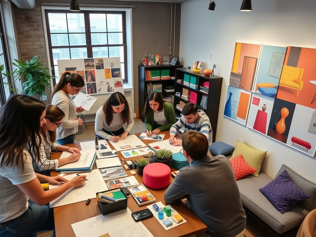 Een moderne workshop met mensen die interieurplannen schetsen.