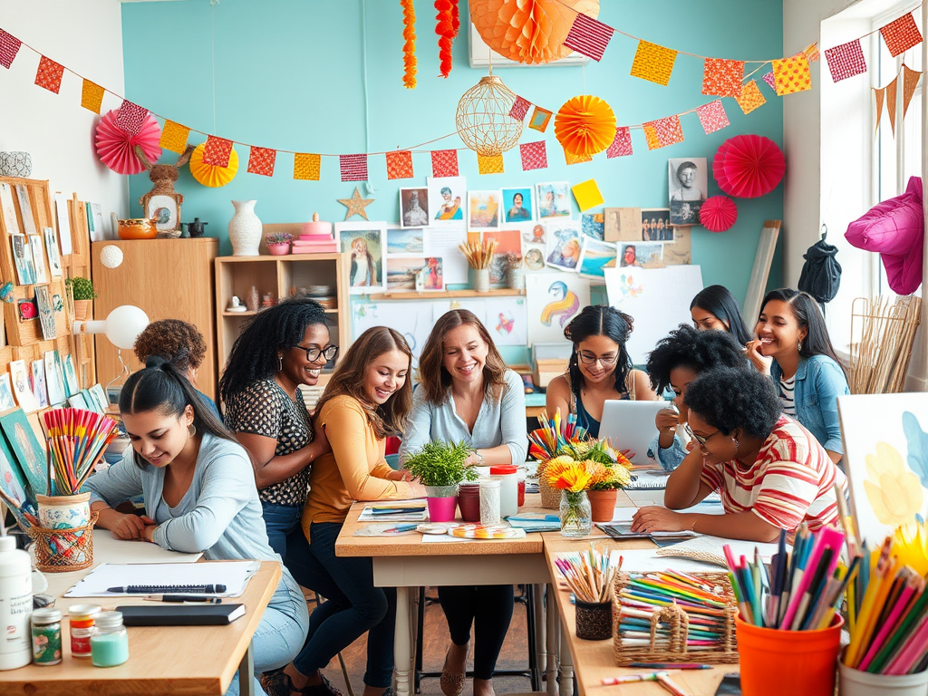 Een levendige workshop met diverse mensen aan het creatieve werk.