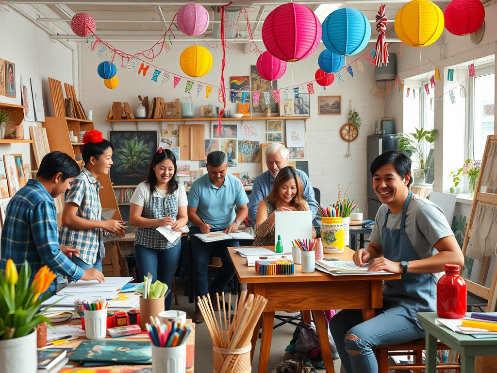 Een levendige workshop met diverse mensen die creatief bezig zijn.