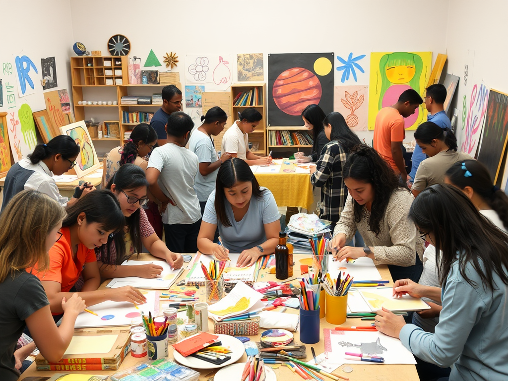 Een levendige workshop met mensen die creatief aan het werk zijn.