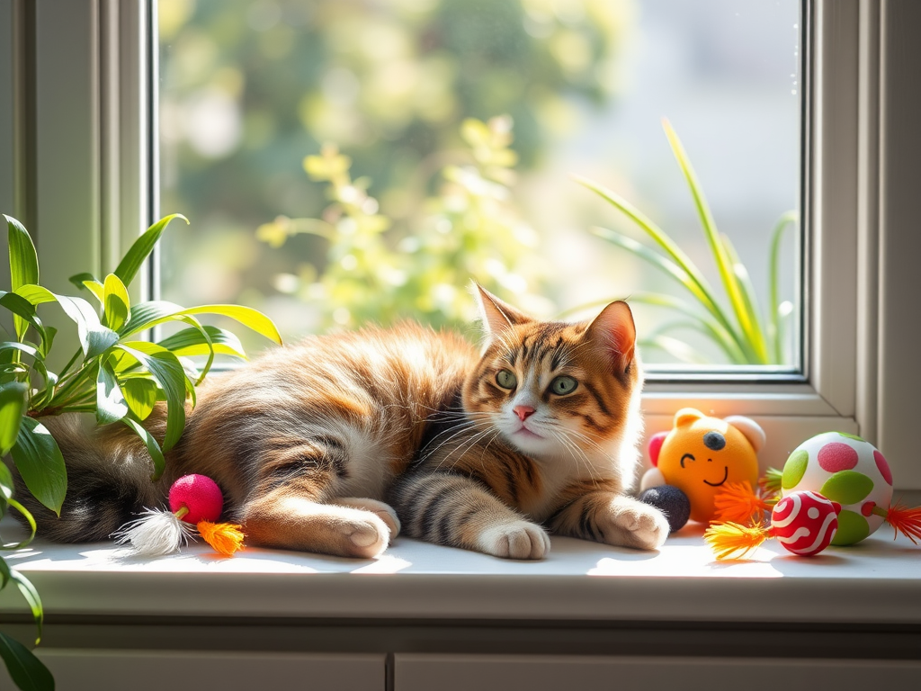 Een speelse kat rustend op een zonnige vensterbank.