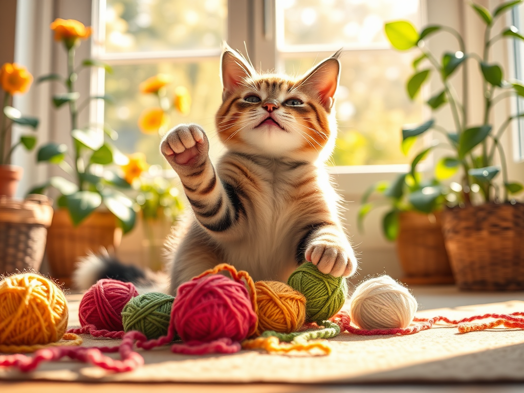 Een vrolijke kat speelt met kleurrijke bolletjes garen in de zon.