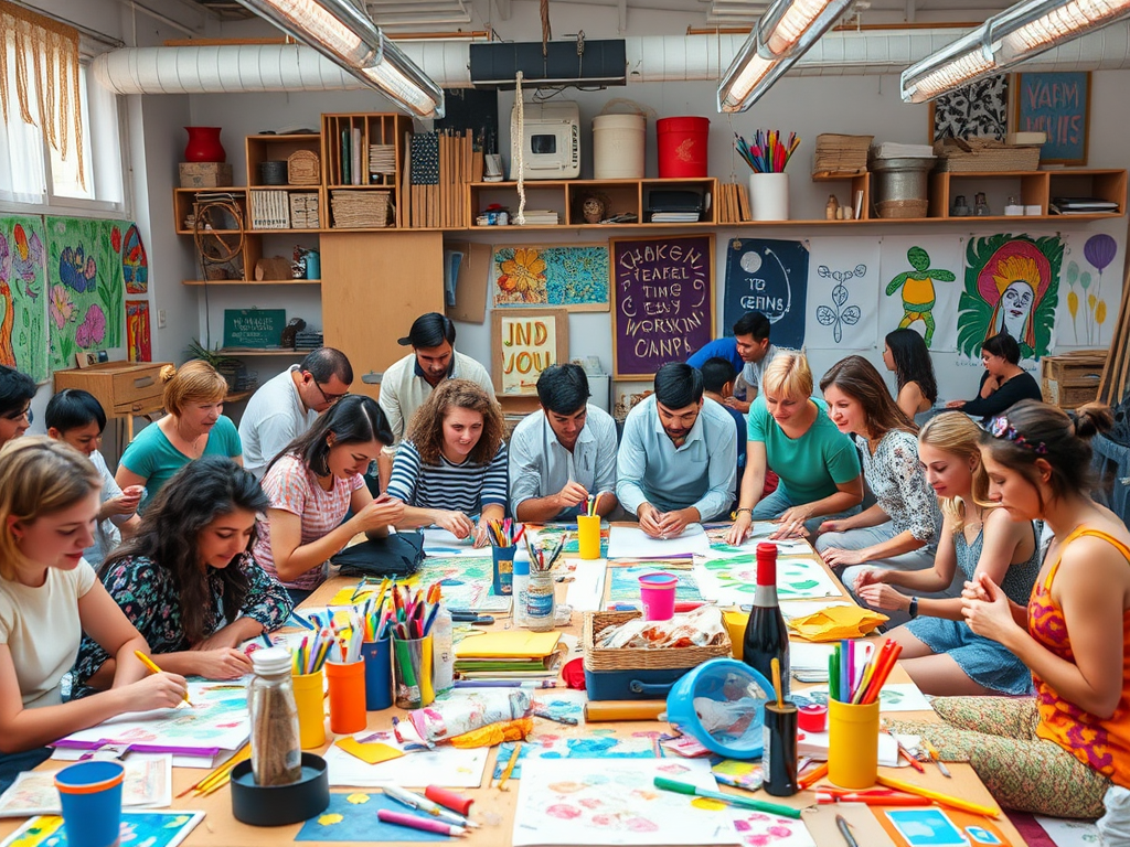 Een levendige workshop met mensen die creatief bezig zijn.