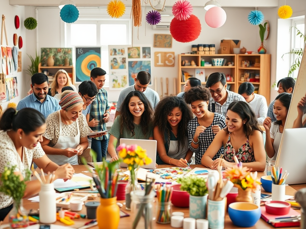 Een levendige workshop met diverse mensen die creatief bezig zijn.
