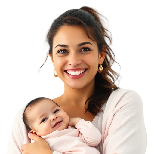 Een vrouw die glimlacht met een baby op de arm.