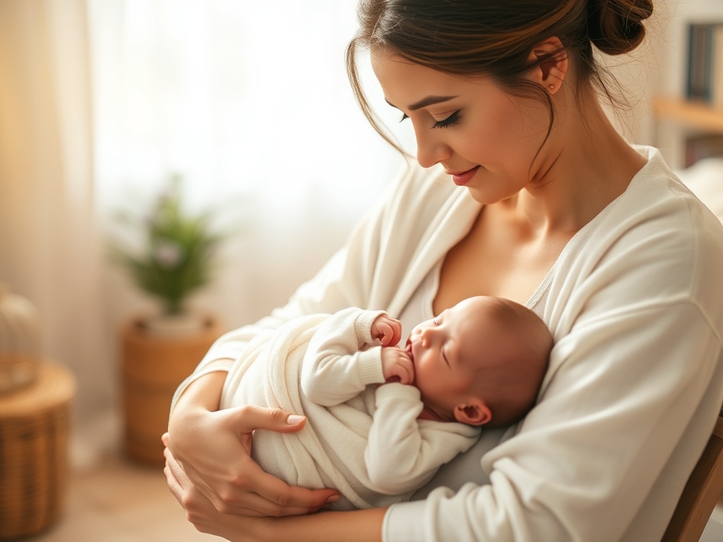 A serene mother gently cradling her newborn, soft warm light, cozy home setting, peaceful expressions, subtle nurturing touches, calm and loving atmosphere.