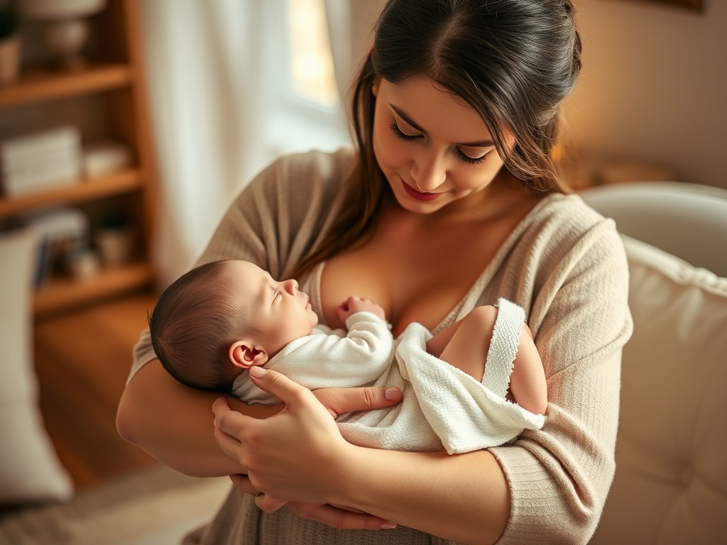 A serene mother gently cradling her newborn, soft warm light, cozy home setting, peaceful expressions, subtle nurturing touches, calm and loving atmosphere.