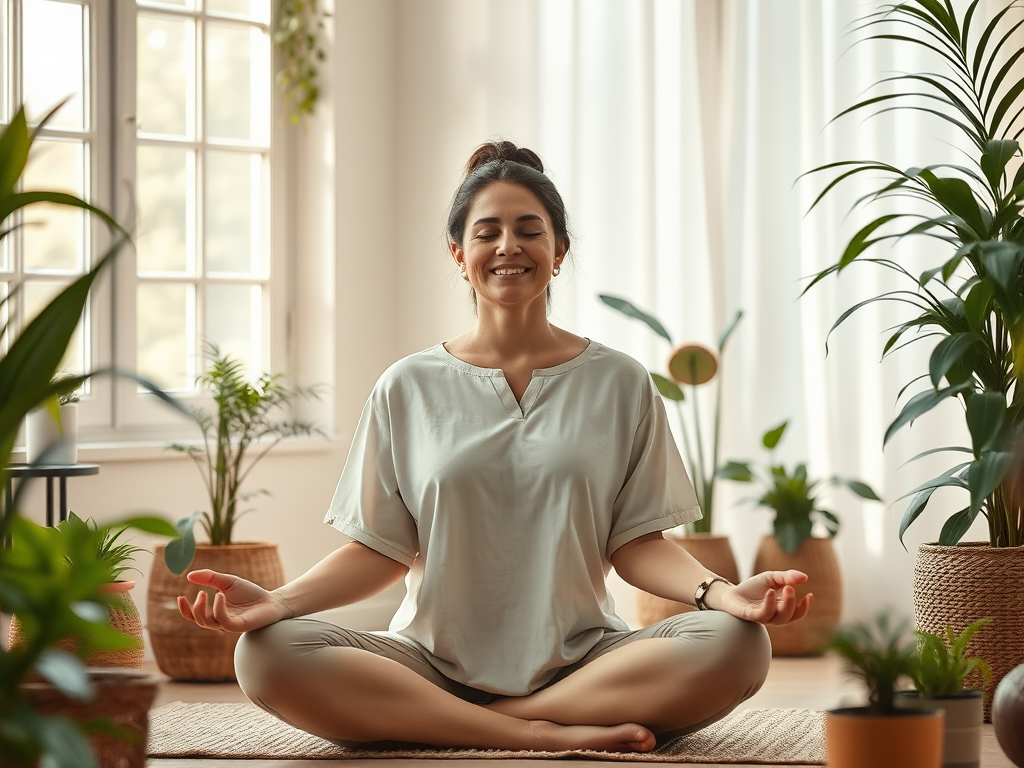 A serene mother meditating in a cozy room, soft natural light, surrounded by peaceful plants, warm colors, gentle smile, calm atmosphere.