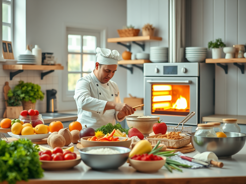 Een chef bakt in een heldere keuken vol ingrediënten.