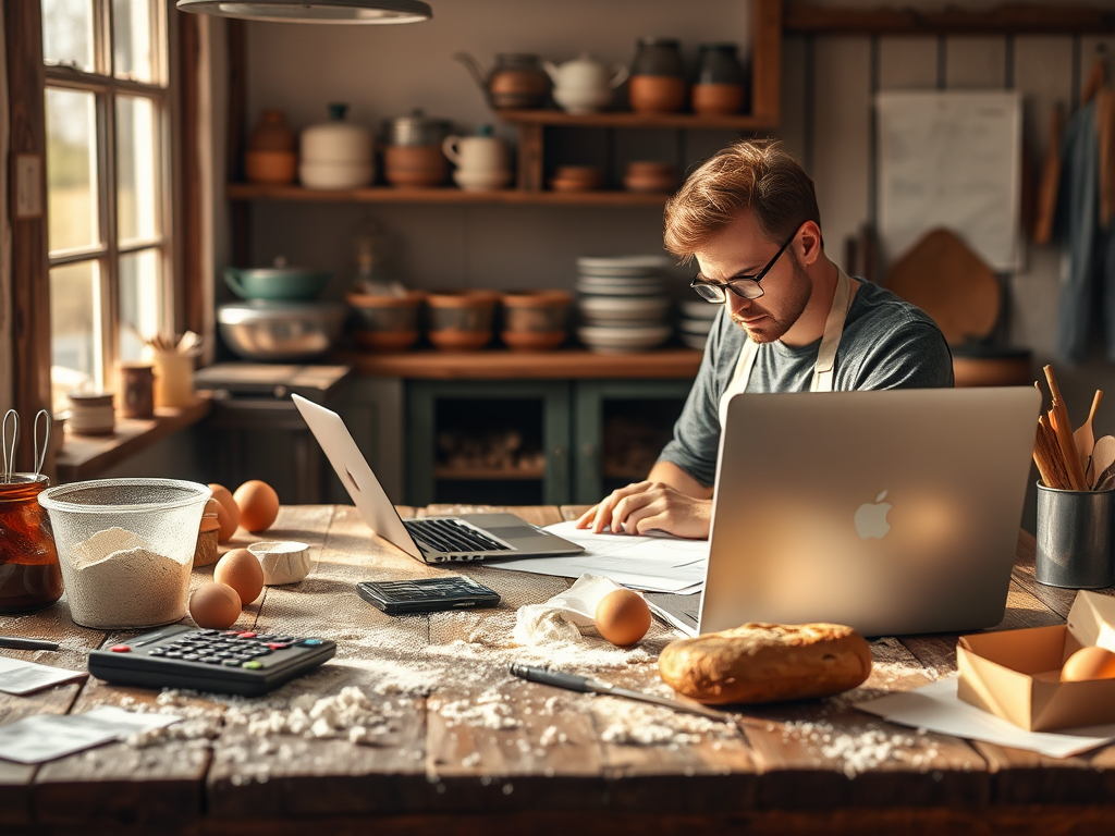 "a rustic bakery workspace" "wooden table with scattered ingredients like flour, eggs, and dough" "calculator and financial documents beside a laptop" "soft morning light through a window highlighting the cozy atmosphere" "a baker thoughtfully analyzing d