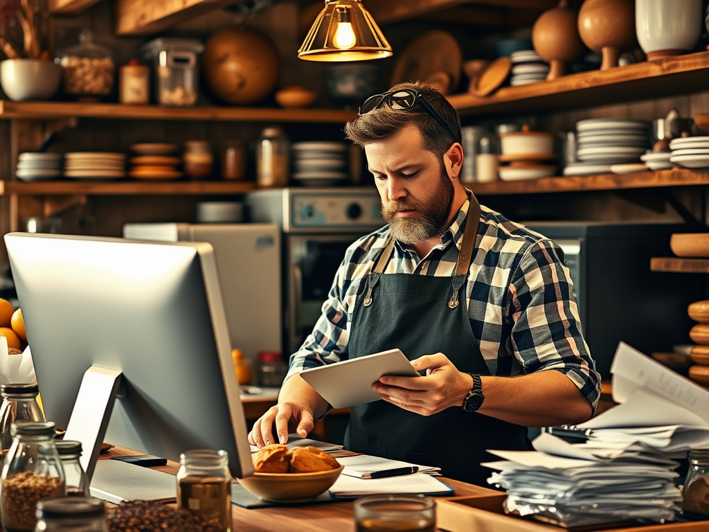 A passionate baker in a rustic bakery "calculating costs" surrounded by "ingredients, bills, computer," warm light, focused expression, cozy atmosphere.