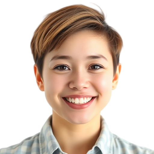 A smiling person with short hair, warm lighting, white background, friendly expression, casual clothing, vibrant eyes, natural makeup.