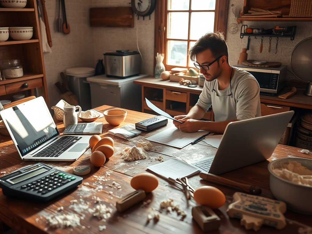 "a rustic bakery workspace" "wooden table with scattered ingredients like flour, eggs, and dough" "calculator and financial documents beside a laptop" "soft morning light through a window highlighting the cozy atmosphere" "a baker thoughtfully analyzing d