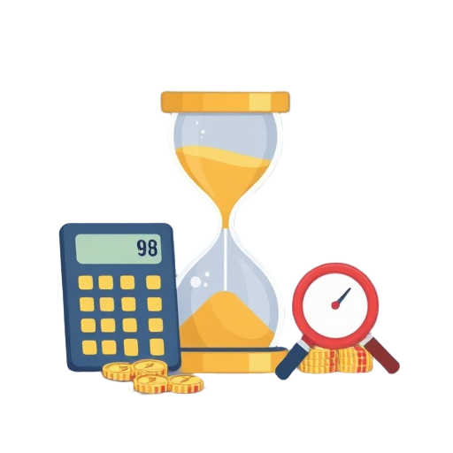 "calculator" "hourglass" "coins" "magnifying glass" "chart"