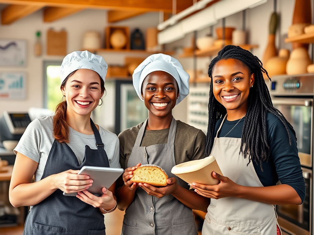 "three diverse bakers smiling in a bright bakery" "each holding bakery tools or products" "background shows a calculator, charts, and ovens" "warm, inviting atmosphere with natural light" "subtle hints of growth and success symbols"