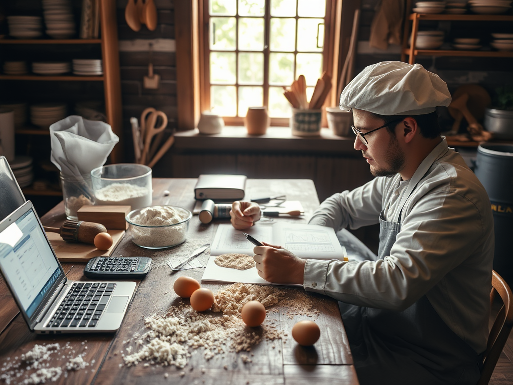 "a rustic bakery workspace" "wooden table with scattered ingredients like flour, eggs, and dough" "calculator and financial documents beside a laptop" "soft morning light through a window highlighting the cozy atmosphere" "a baker thoughtfully analyzing d