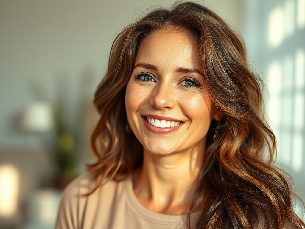 Vrouw met natuurlijk lang haar, stralend en zelfverzekerd.