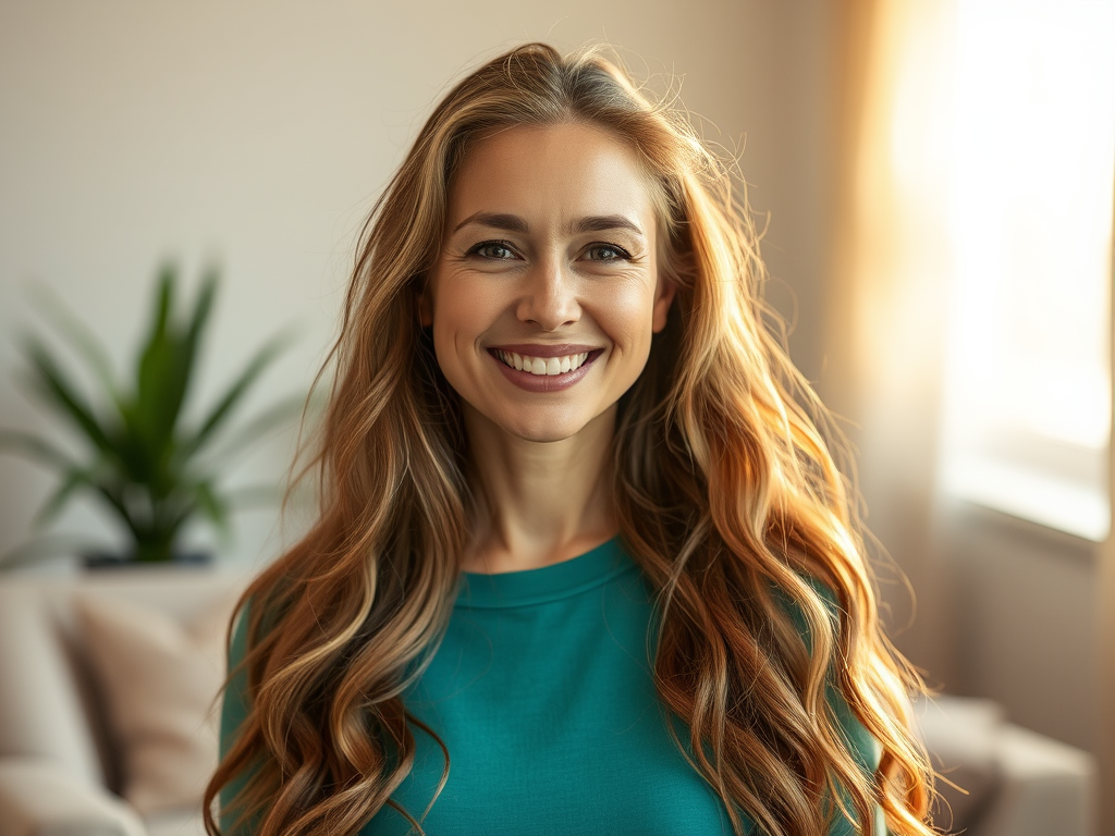 Vrouw met lang haar en stralende glimlach in een lichte kamer.