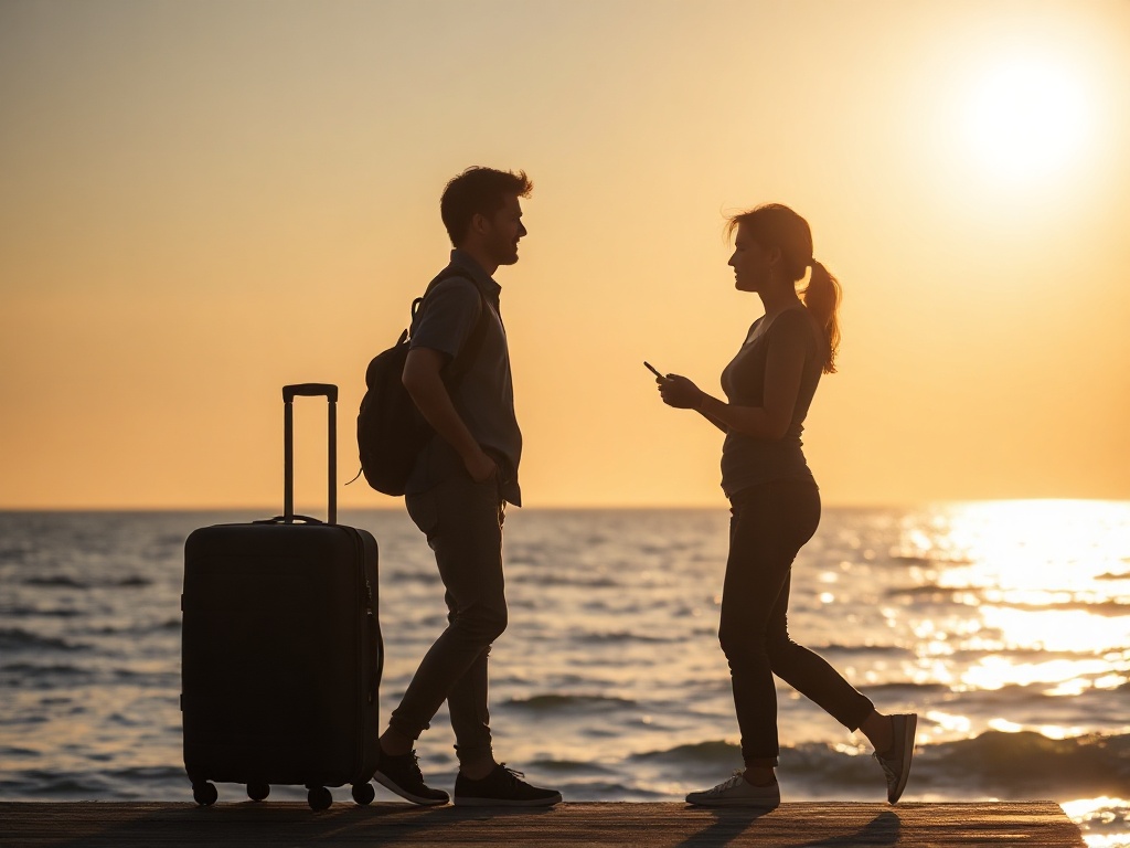 “calm traveler silhouettes near a suitcase, soft morning light, gentle breathing waves, serene ocean horizon, warm protective aura, relaxed faces”