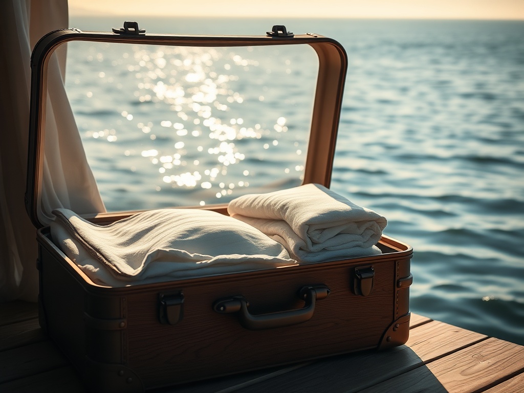Serene morning, open suitcase with folded linens, warm light, floating breath-like waves, subtle protective aura, calm ocean view.