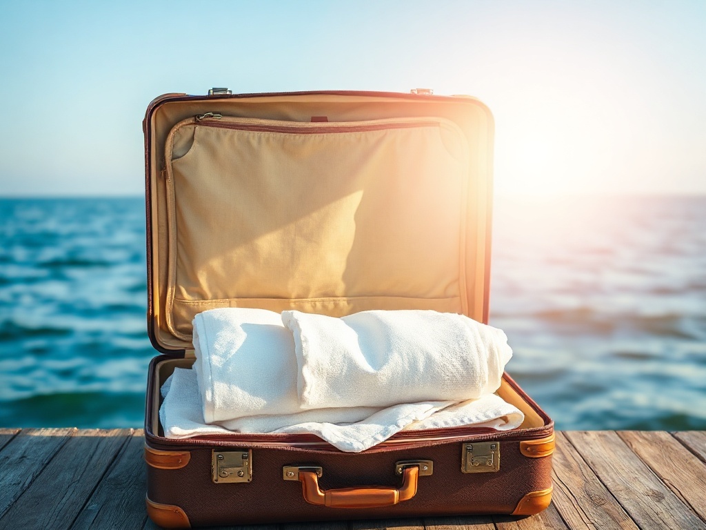 Serene morning, open suitcase with folded linens, warm light, floating breath-like waves, subtle protective aura, calm ocean view.