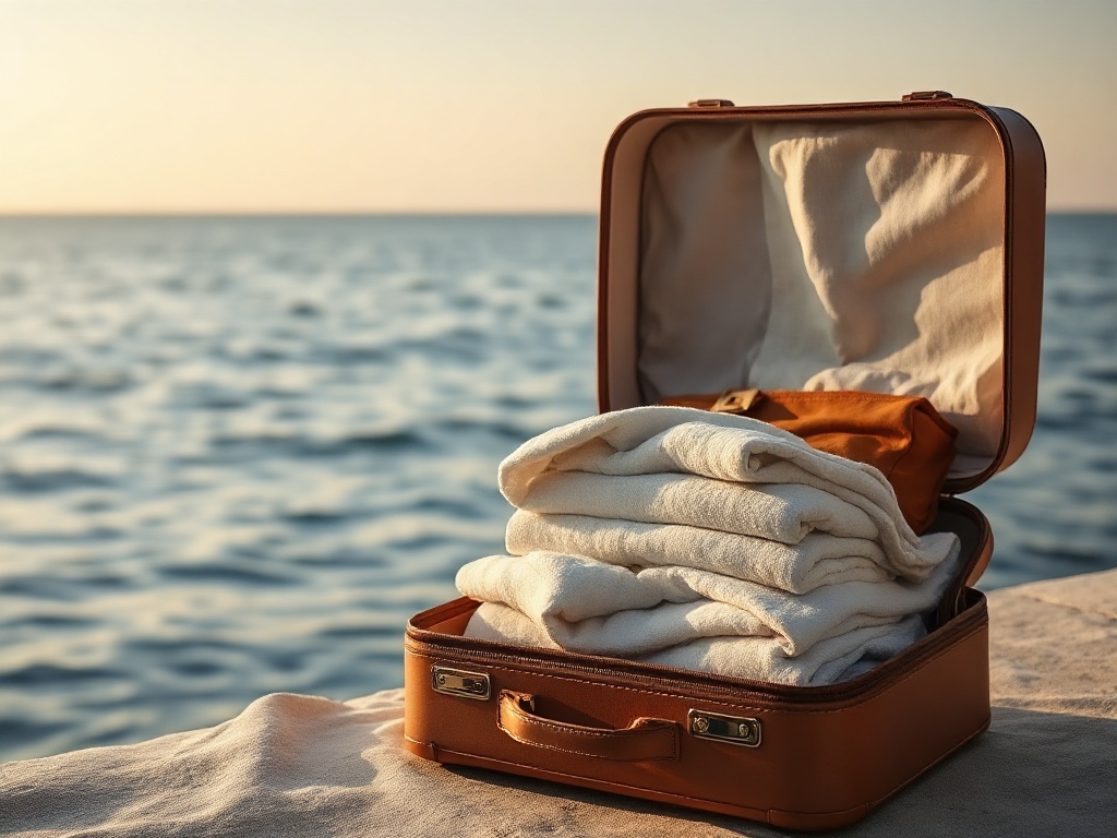 Serene morning, open suitcase with folded linens, warm light, floating breath-like waves, subtle protective aura, calm ocean view.